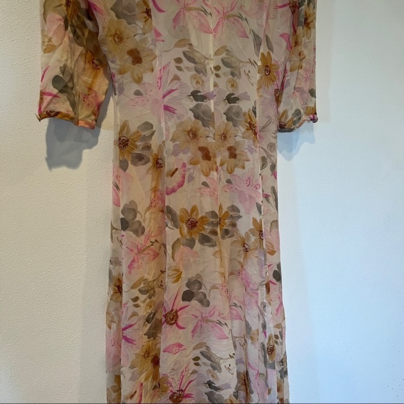 90s Vintage Miller Shor Silk Sheer Floral Maxi Half Sleeve Overlay Dress - Picture 7 of 11